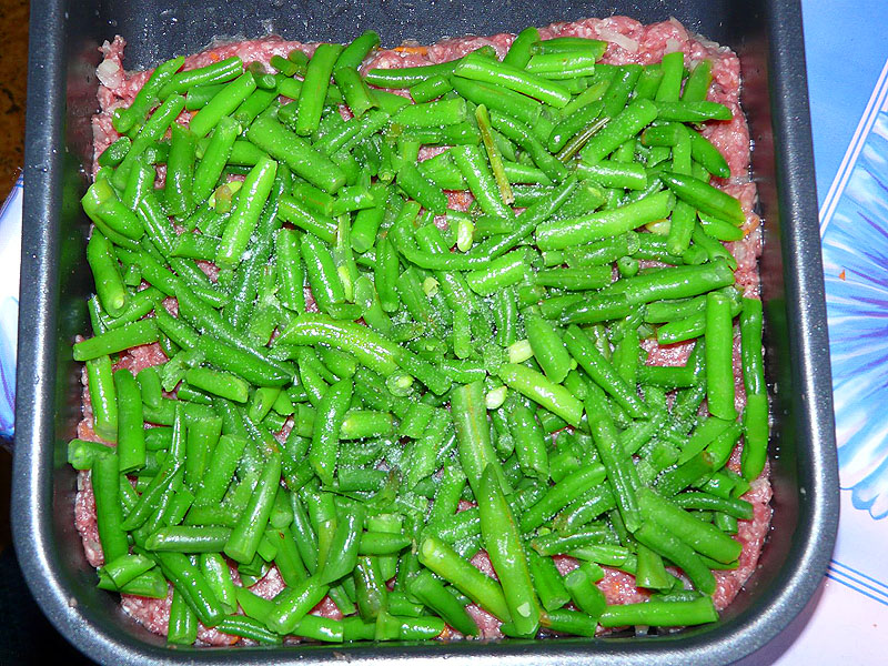 запеканка, блюдо, еда, фасоль, фарш, овощи